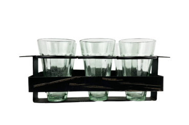 Frontalansicht Chai Träger Schwarz mit 6 Gläsern